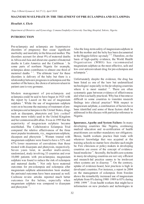 (PDF) Magnesium Sulphate in the Treatment of Pre-Eclampsia and Eclampsia