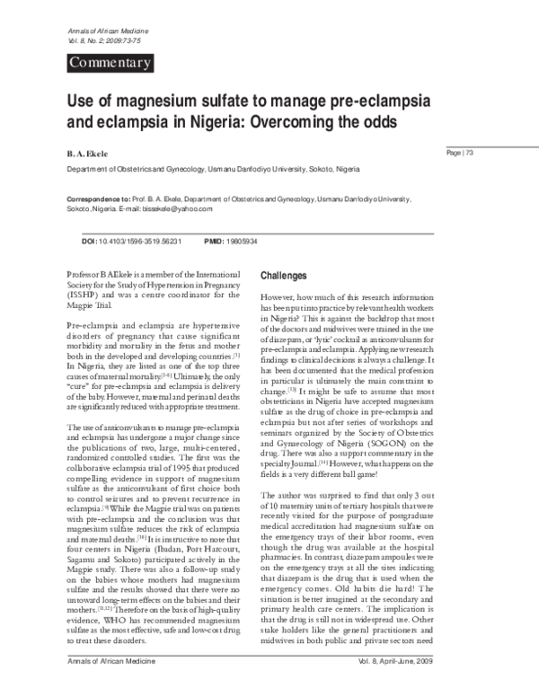 (PDF) Use of magnesium sulfate to manage pre-eclampsia and eclampsia in ...