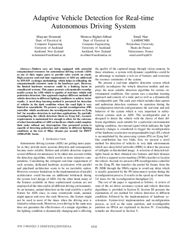 (PDF) Adaptive Vehicle Detection for Real-time Autonomous Driving System