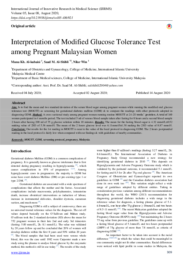 (PDF) Interpretation of Modified Glucose Tolerance Test among Pregnant ...