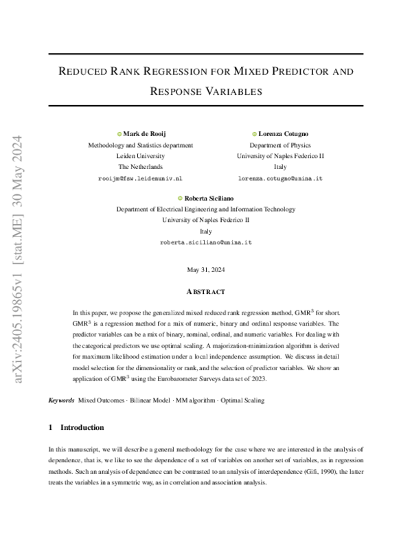 (PDF) Reduced Rank Regression for Mixed Predictor and Response Variables