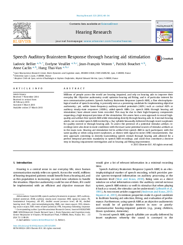 (PDF) Speech Auditory Brainstem Response through hearing aid stimulation