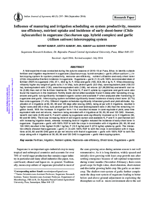 Influence of manuring and irrigation scheduling on system productivity, resource use efficiency, nutrient uptake and incidence of early shoot borer (Chilo infuscatellus) in sugarcane (Saccharum spp. hybrid complex) and garlic (Allium sativum) intercropping system