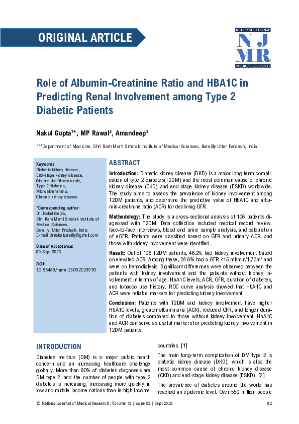 (PDF) ROLE OF ALBUMIN-CREATININE RATIO AND HBA1C IN PRE-DICTING RENAL ...