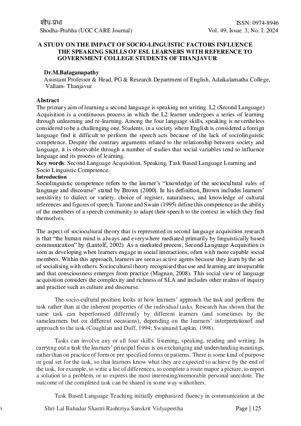 (PDF) A STUDY ON THE IMPACT OF SOCIO-LINGUISTIC FACTORS INFLUENCE THE ...