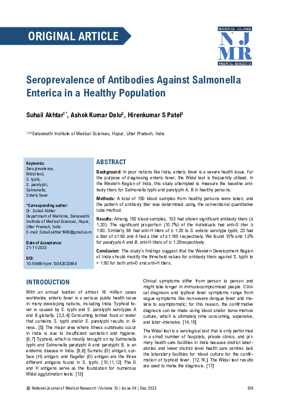 (PDF) Seroprevalence of Antibodies Against Salmonella Enterica in a ...