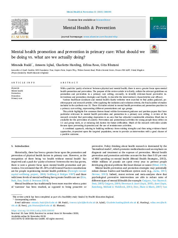 (PDF) Mental health promotion and prevention in primary care: What ...