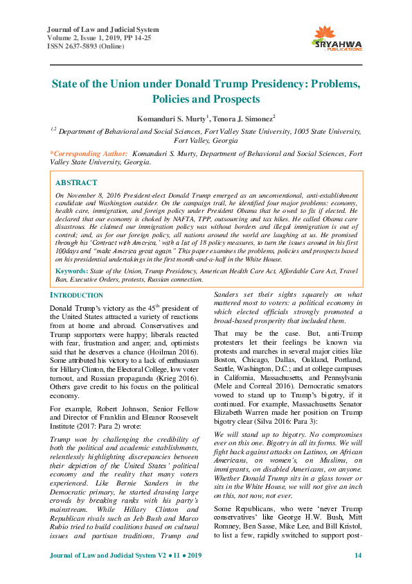 (PDF) State of the Union under Donald Trump Presidency: Problems ...