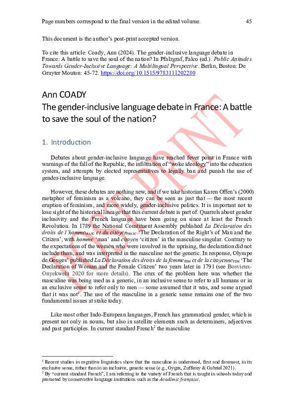 (PDF) The gender-inclusive language debate in France: A battle to save ...