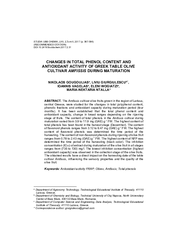(PDF) Changes in Total Phenol Content and Antioxidant Activity of Greek ...
