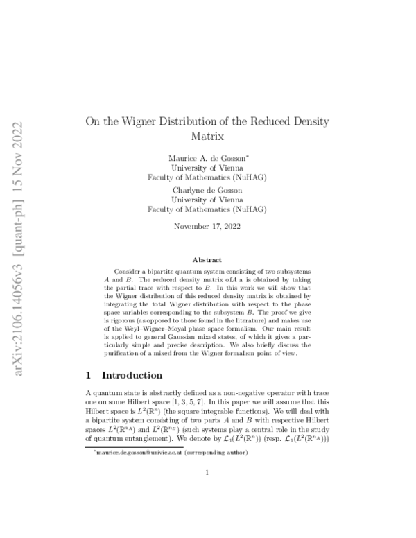 (PDF) On the Wigner Distribution of the Reduced Density Matrix