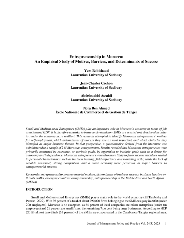 (PDF) Entrepreneurship in Morocco: An Empirical Study of Motives ...