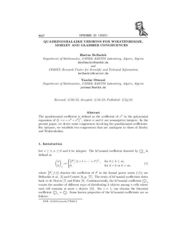 (PDF) Quadrinomial-Like Versions for Wolstenholme, Morley and Glaisher ...