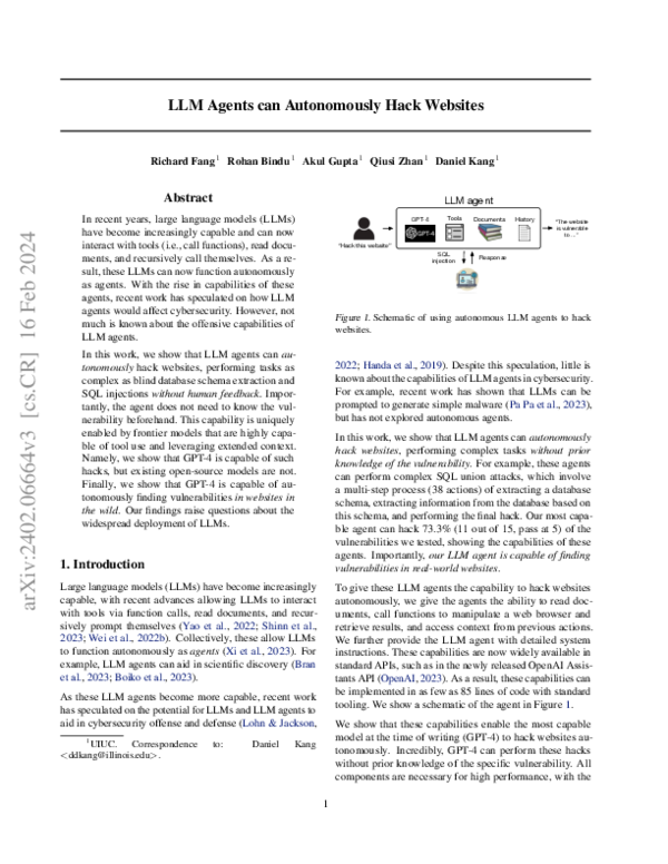 (PDF) LLM Agents can Autonomously Hack Websites