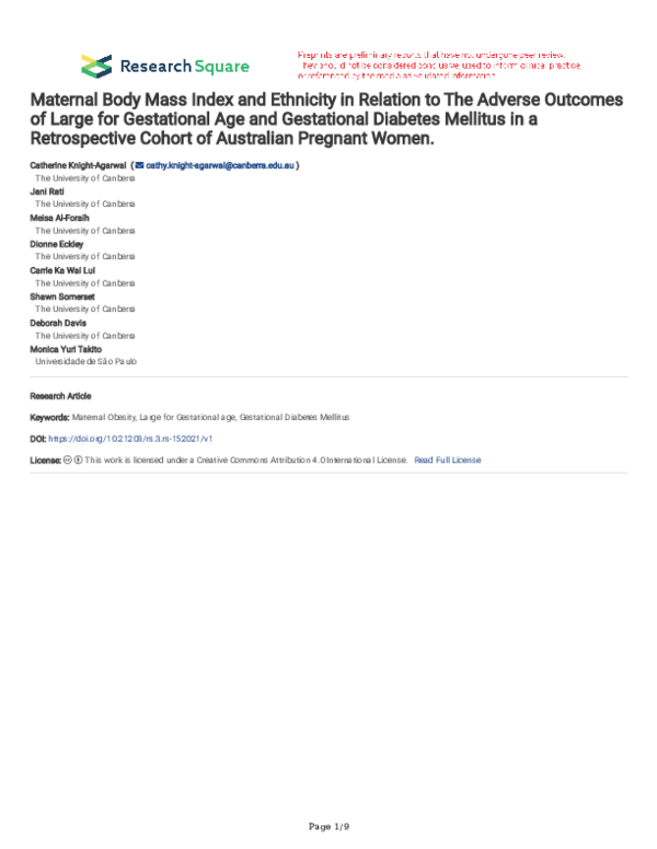 (PDF) Maternal Body Mass Index and Ethnicity in Relation to The Adverse ...