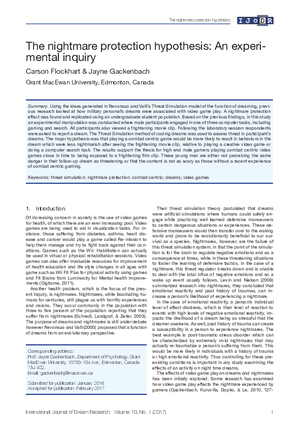 (PDF) The nightmare protection hypothesis: An experimental inquiry