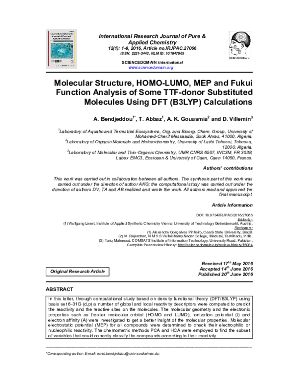 (PDF) Molecular Structure, HOMO-LUMO, MEP and Fukui Function Analysis ...