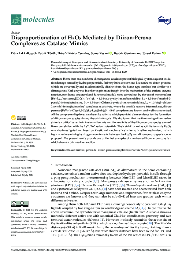 (PDF) Disproportionation of H2O2 Mediated by Diiron-Peroxo Complexes as ...