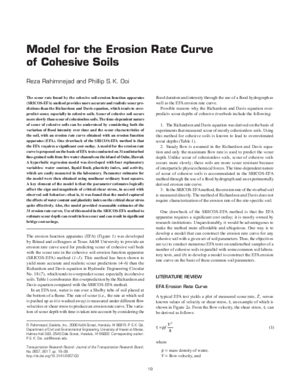 (PDF) A Model for the Erosion Rate Curve of Cohesive Soils | Reza ...