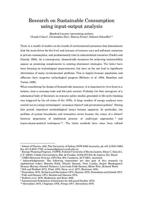 (PDF) Research on Sustainable Consumption using input-output analysis