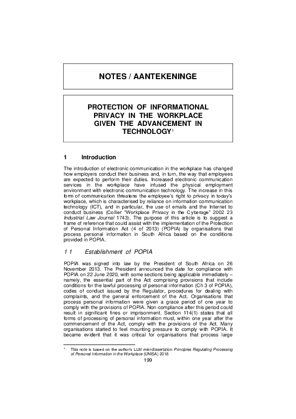 (PDF) Protection of Informational Privacy in the Workplace Given the ...