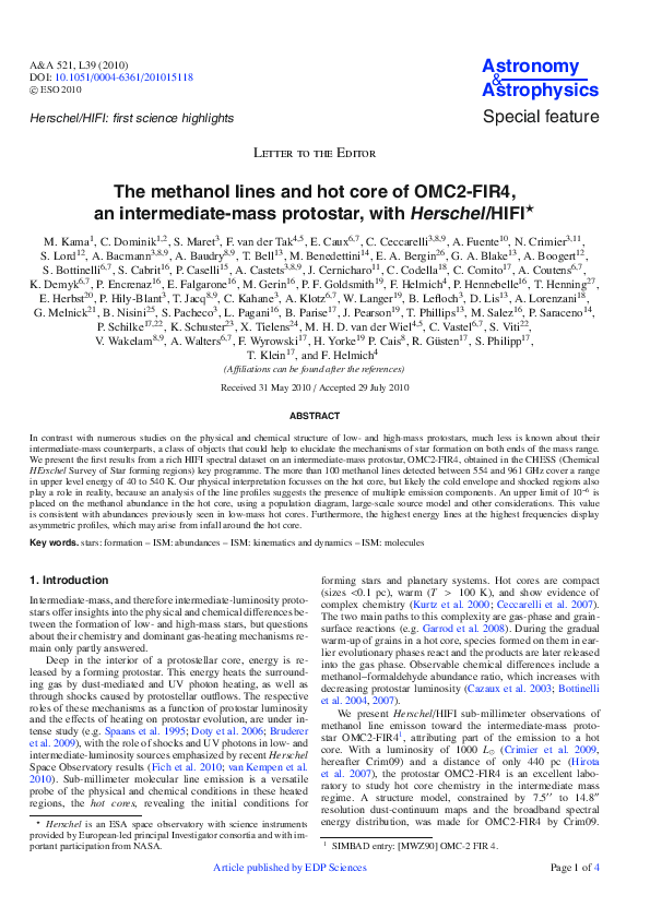 (PDF) The methanol lines and hot core of OMC2-FIR4, an intermediate ...