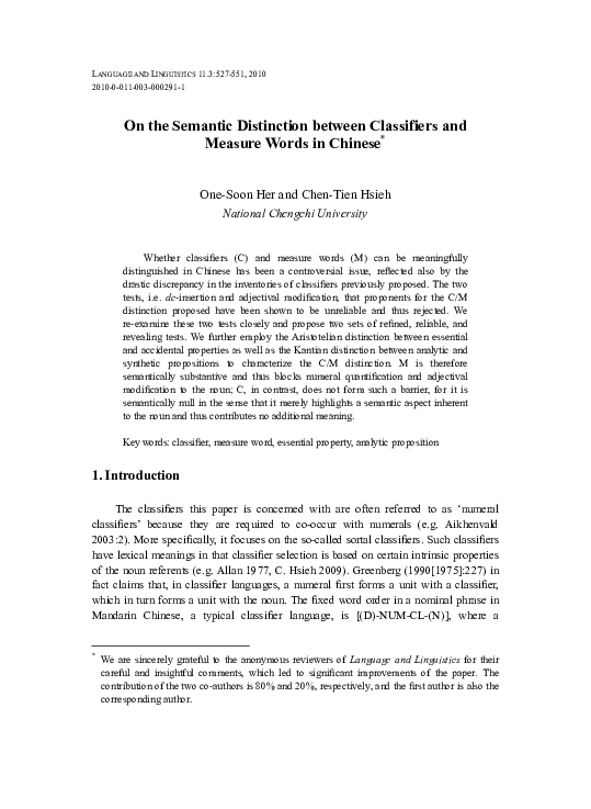 (PDF) On the Semantic Distinction between Classifiers and Measure Words ...