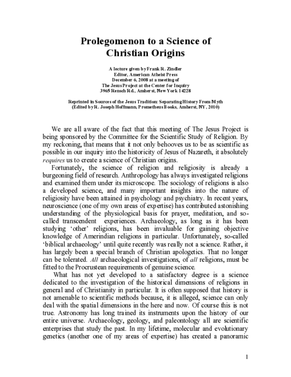 (PDF) Prolegomenon to a Science of Christian Origins