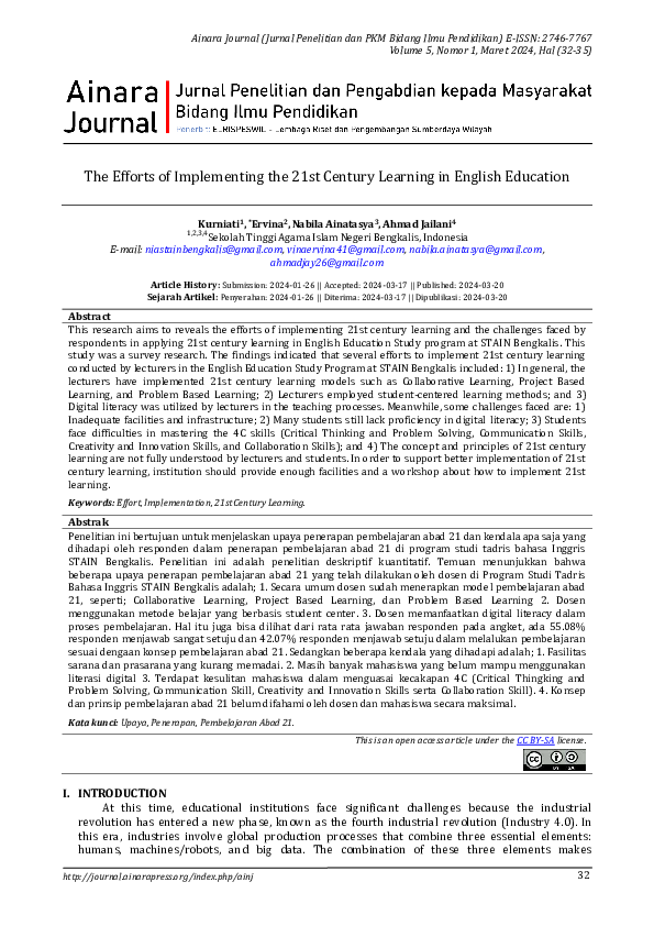 (PDF) The Efforts of Implementing the 21st Century Learning in English ...
