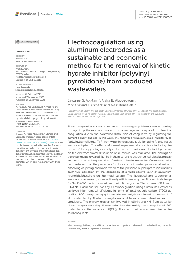 Electrocoagulation using aluminum electrodes as a sustainable and economic method for the removal of kinetic hydrate inhibitor (polyvinyl pyrrolidone) from produced wastewaters