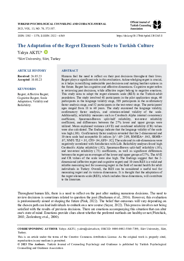 (PDF) The Adaptation of the Regret Elements Scale to Turkish Culture
