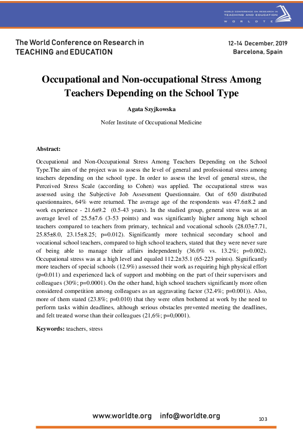 (PDF) Occupational and Non-occupational Stress Among Teachers Depending ...