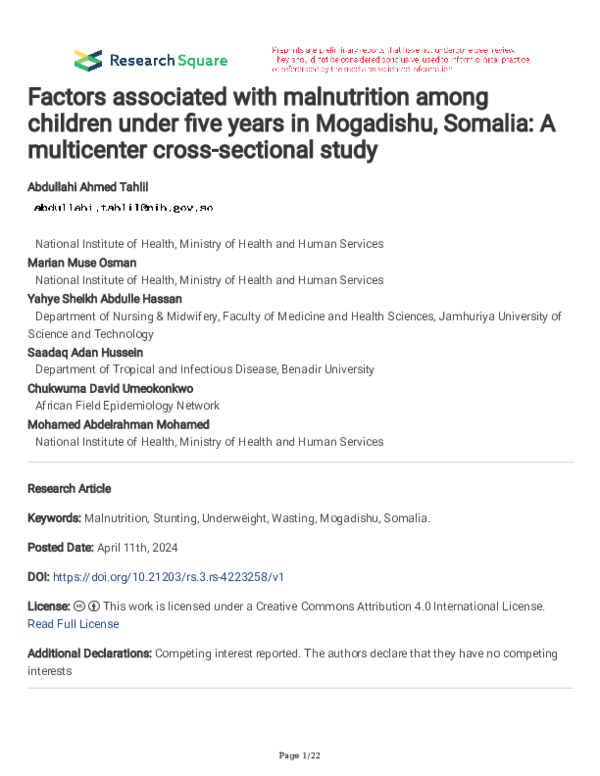 (PDF) Factors associated with malnutrition among children under five ...