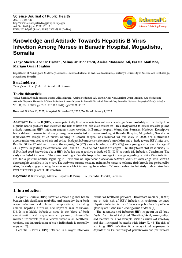 (PDF) Knowledge and Attitude Towards Hepatitis B Virus Infection Among ...