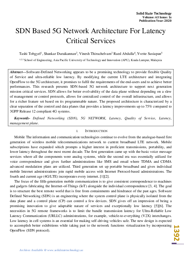 (PDF) SDN Based 5G Network Architecture For Latency Critical Services