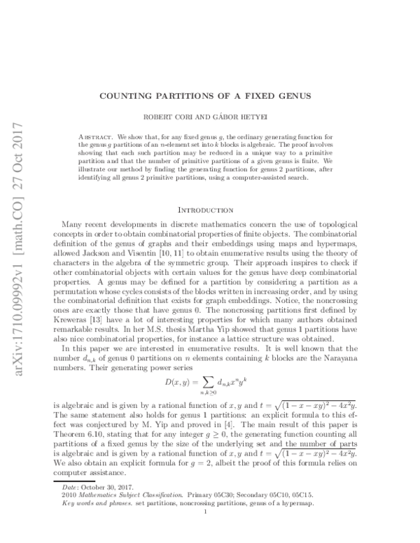 (PDF) Counting partitions of a fixed genus