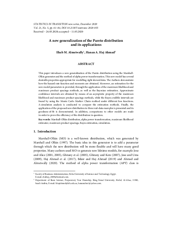 (PDF) A new generalization of the Pareto distribution and its applications