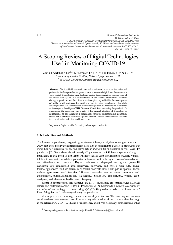 (PDF) A Scoping Review of Digital Technologies Used in Monitoring COVID-19