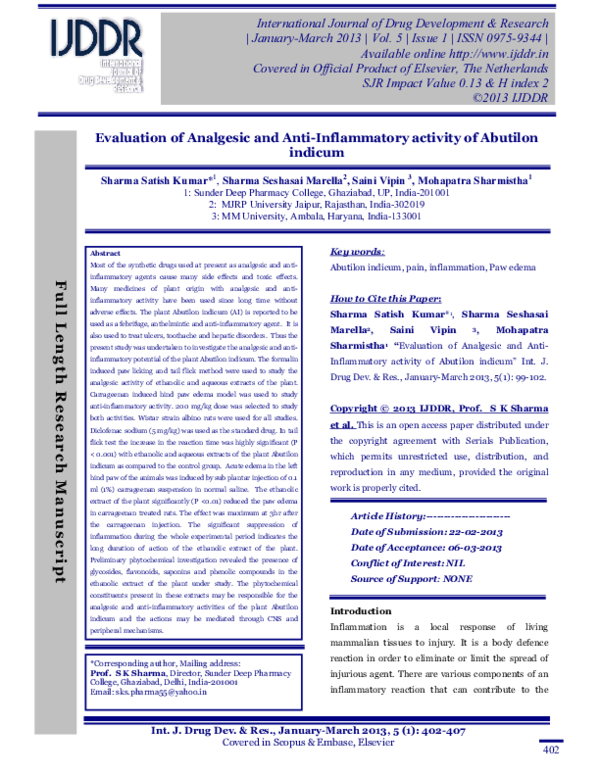 (PDF) Evaluation of Analgesic and Anti-Inflammatory activity of ...
