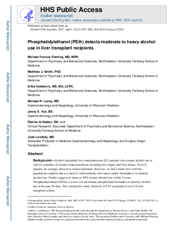 (PDF) Phosphatidylethanol (PEth) detects moderate to heavy alcohol use ...