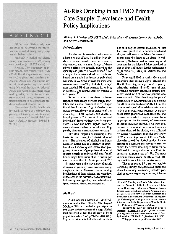 (PDF) At-risk drinking in an HMO primary care sample: prevalence and ...