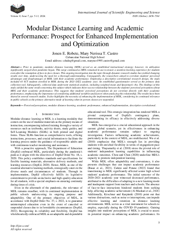 (PDF) Modular Distance Learning and Academic Performance: Prospect for ...