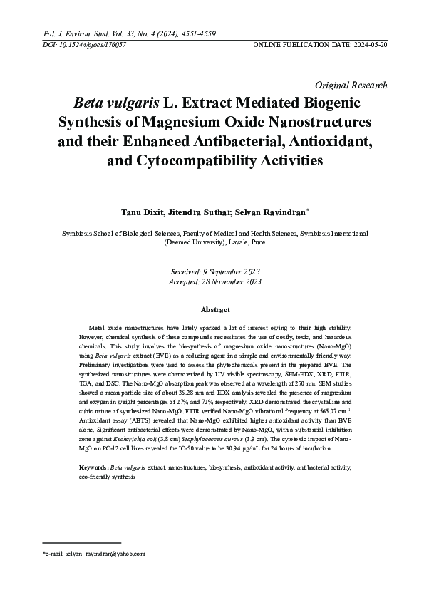 (PDF) Beta vulgaris L. Extract Mediated Biogenic Synthesis of Magnesium ...