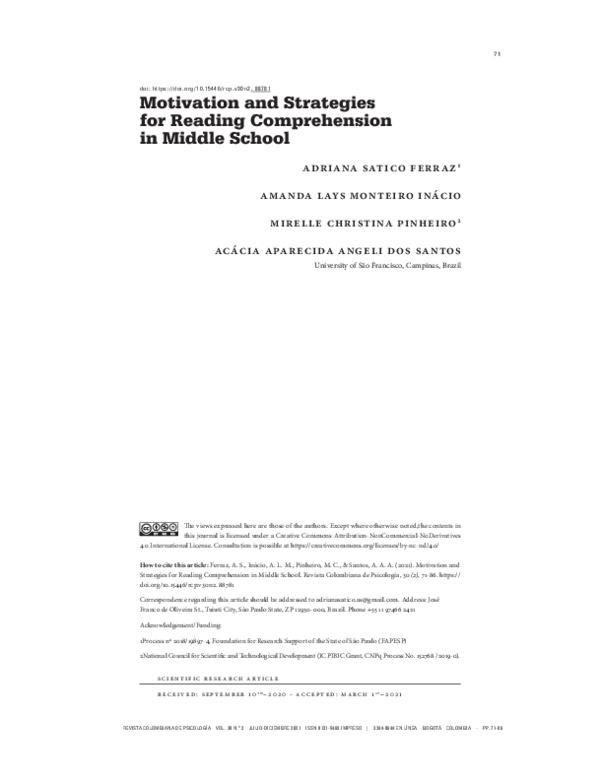 (PDF) Motivation and Strategies for Reading Comprehension in Middle School