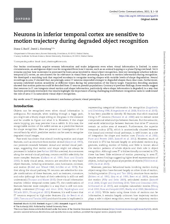 (PDF) Neurons in inferior temporal cortex are sensitive to motion ...