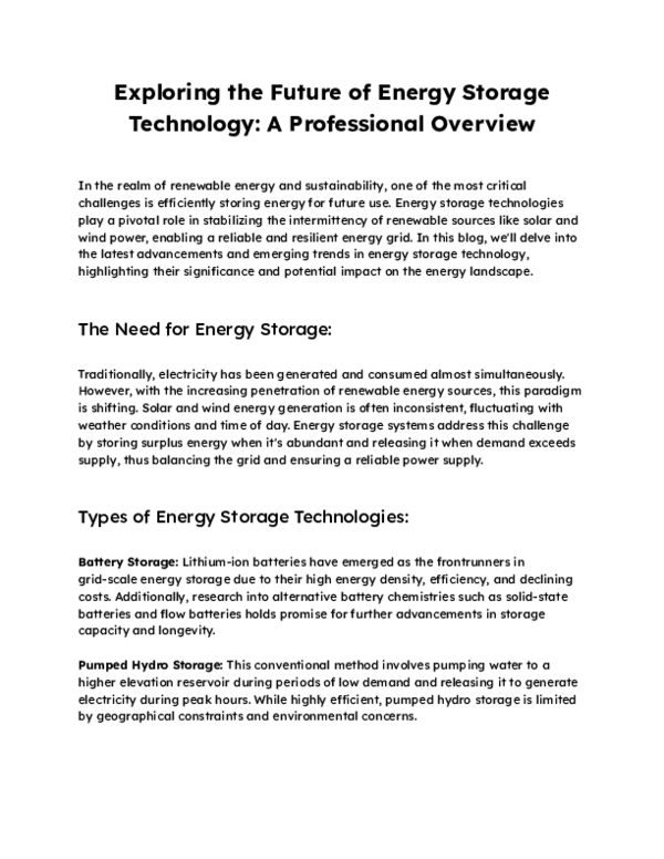 (PDF) Exploring the Future of Energy Storage Technology A Professional ...
