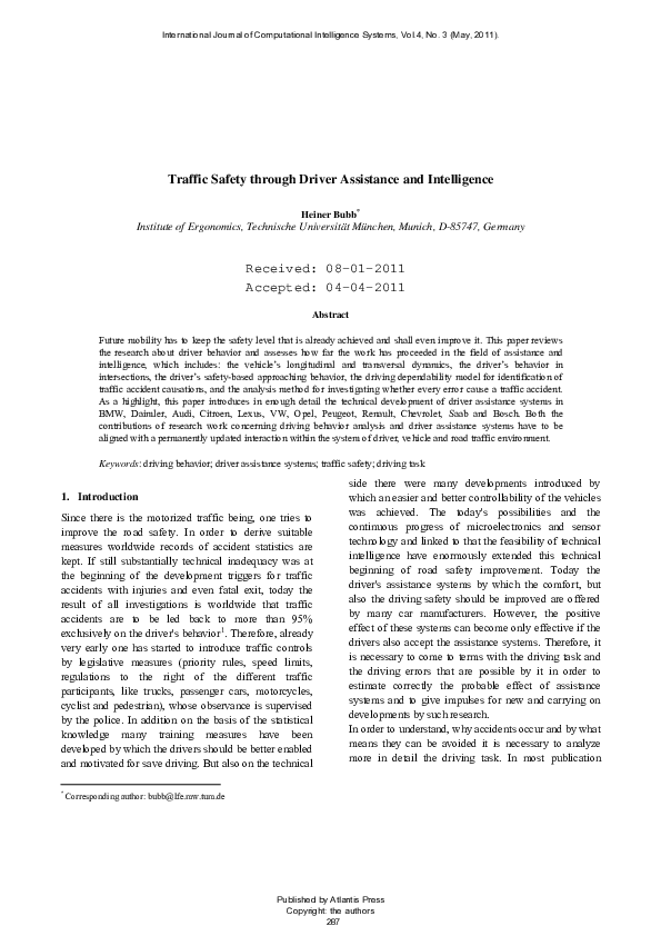 (PDF) Traffic Safety through Driver Assistance and Intelligence