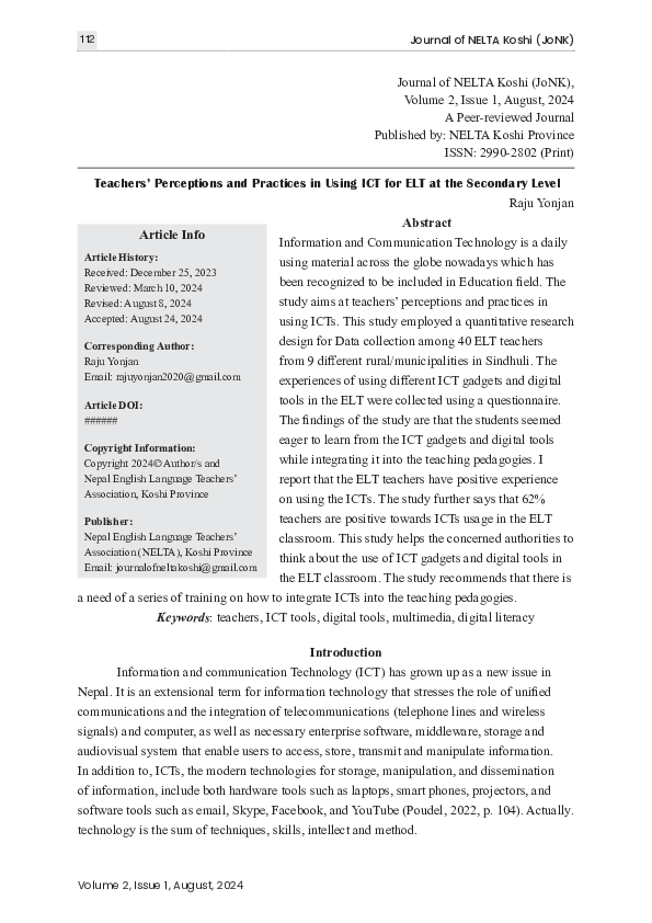 (PDF) Teachers' Perceptions and Practices in Using ICT for ELT at the ...