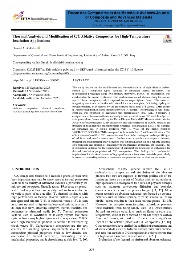 (PDF) Thermal Analysis and Modification of C/C Ablative Composites for ...