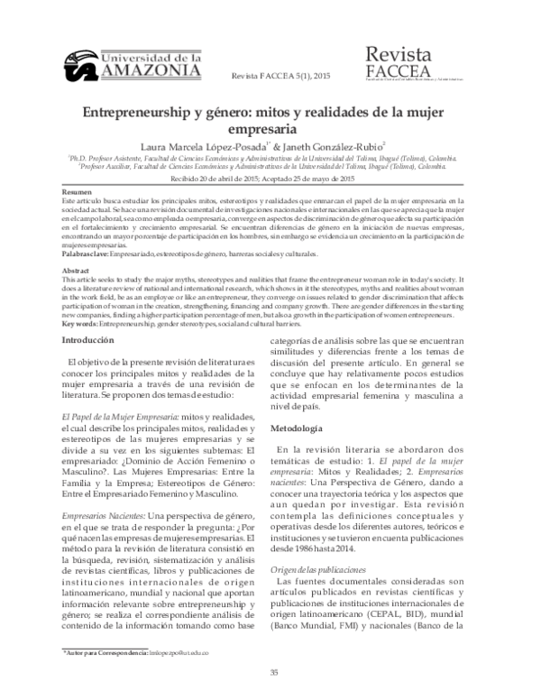 (PDF) Entrepreneurship y género: mitos y realidades de la mujer empresaria